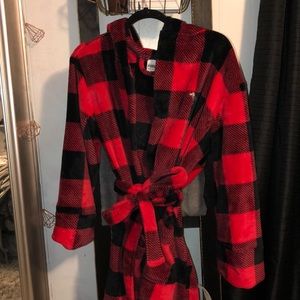 VS pink hooded buffalo plaid robe